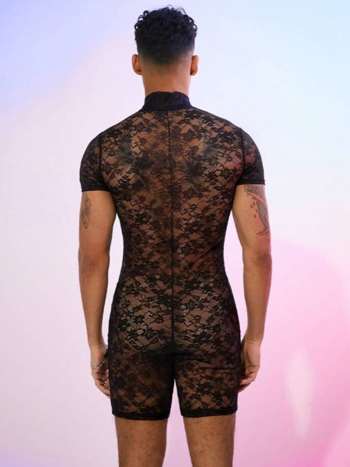 Crystal City Men's Solid Color Front Button Short Sleeve Lace See-Through Romper